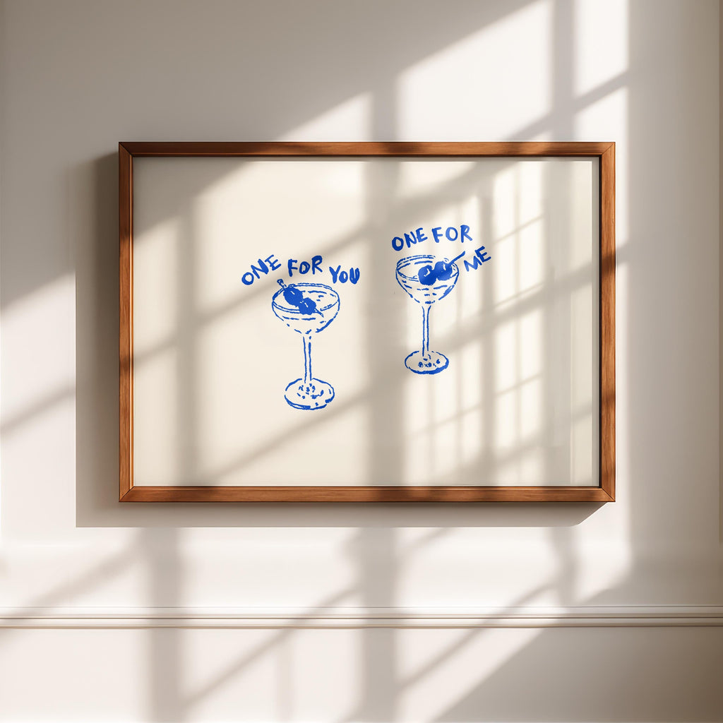 One For You One For Me Cocktail Print, Blue Line Art Bar Cart Decor, Martini Wall Art, Minimal Hand Drawn Drink Poster, Kitchen Dining Print