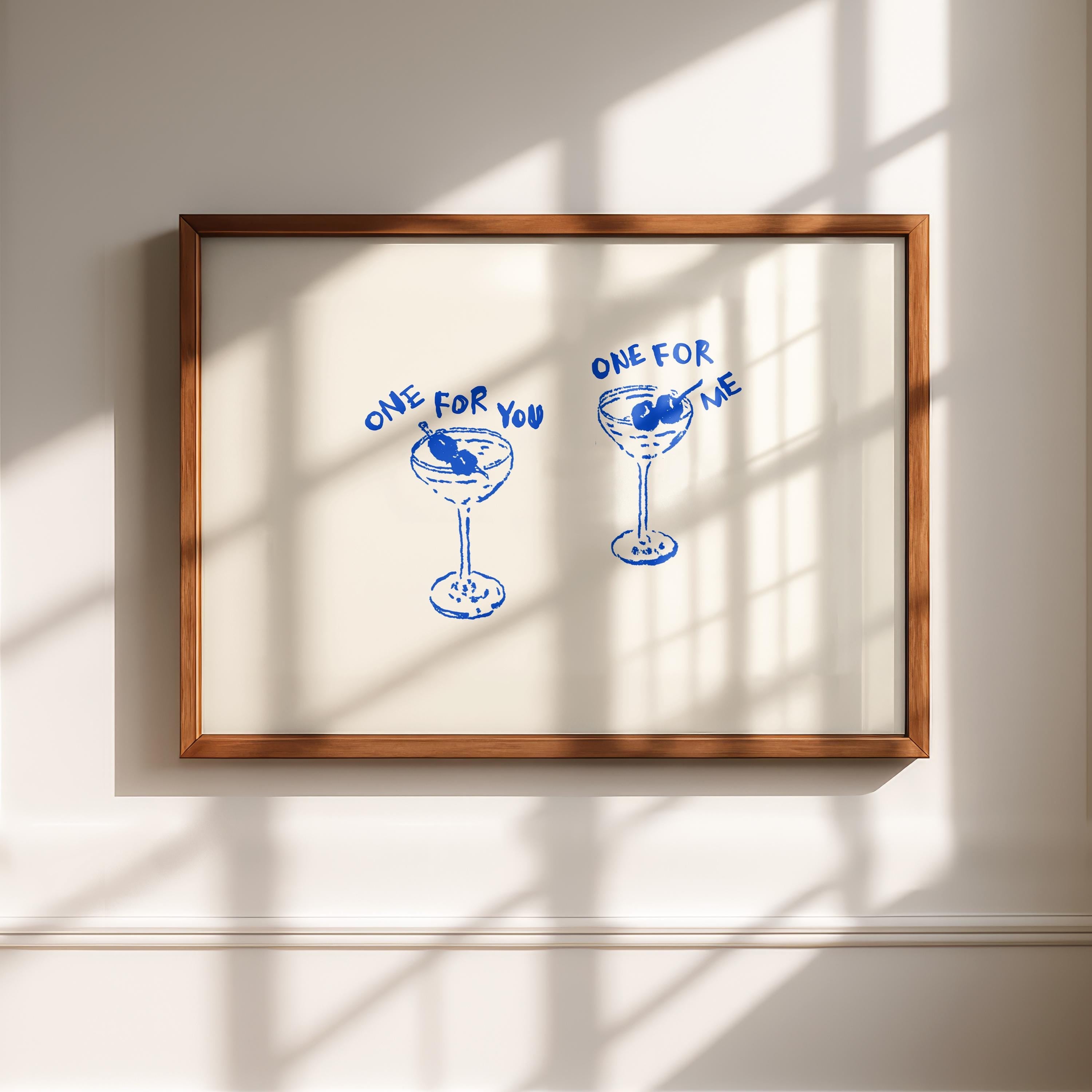 One For You One For Me Cocktail Print, Blue Line Art Bar Cart Decor, Martini Wall Art, Minimal Hand Drawn Drink Poster, Kitchen Dining Print