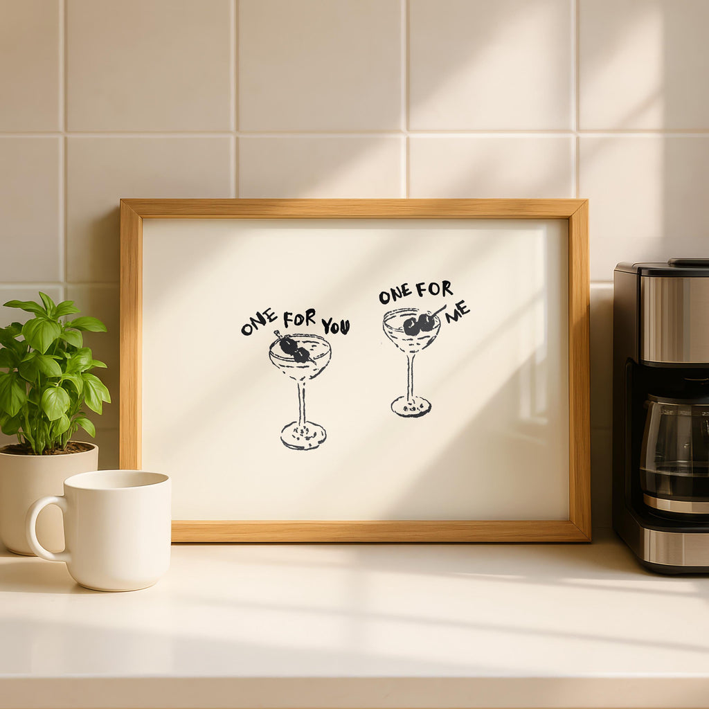One For You One For Me Cocktail Print, Black Line Art Bar Cart Decor, Minimal Doodle Drink Illustration, Martini Wall Art Digital Download