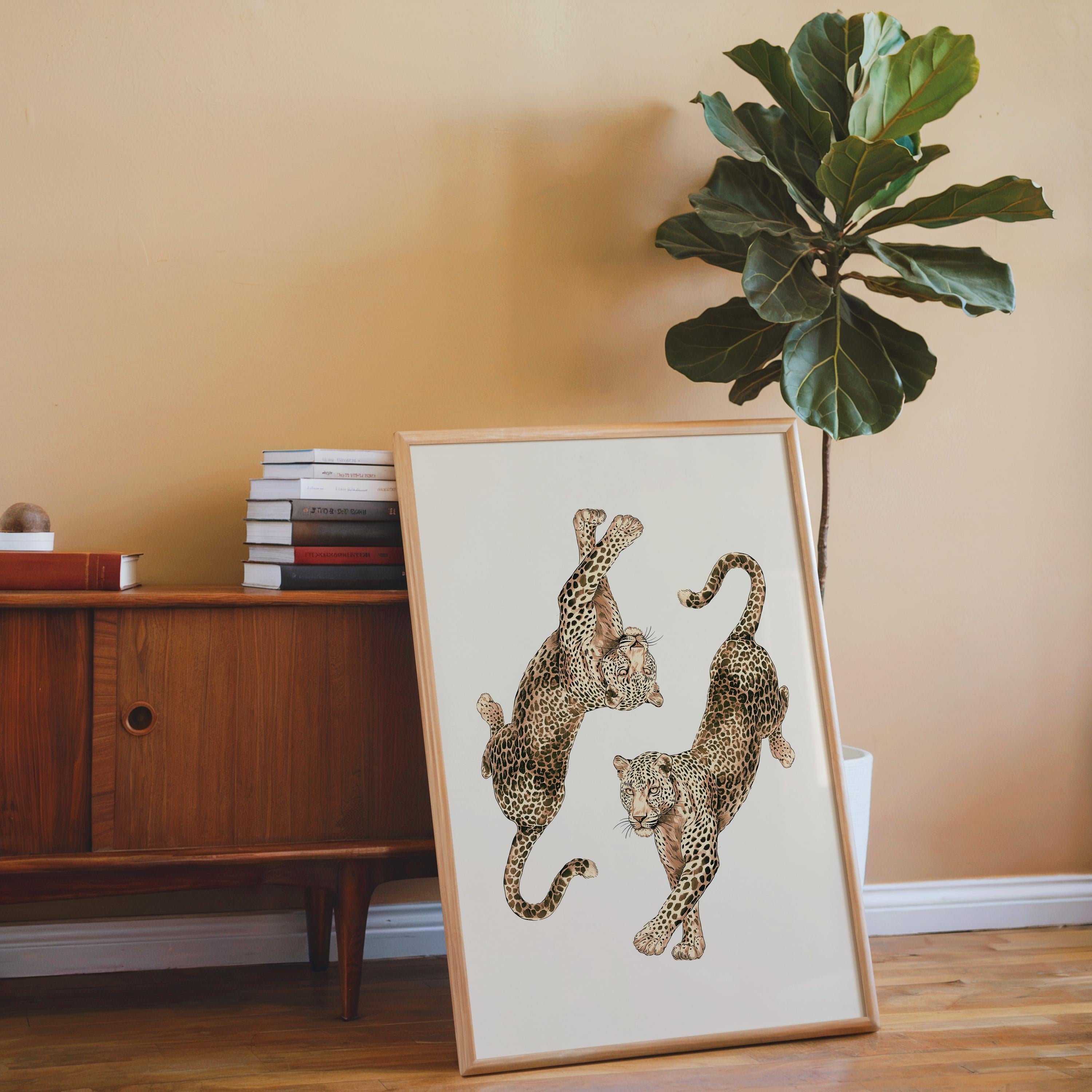 Leopard Wall Art Print, Double Leopard Poster, Vintage Animal Artwork, Neutral Beige Aesthetic Decor, Wild Cat Art, Modern Classic Wall Art