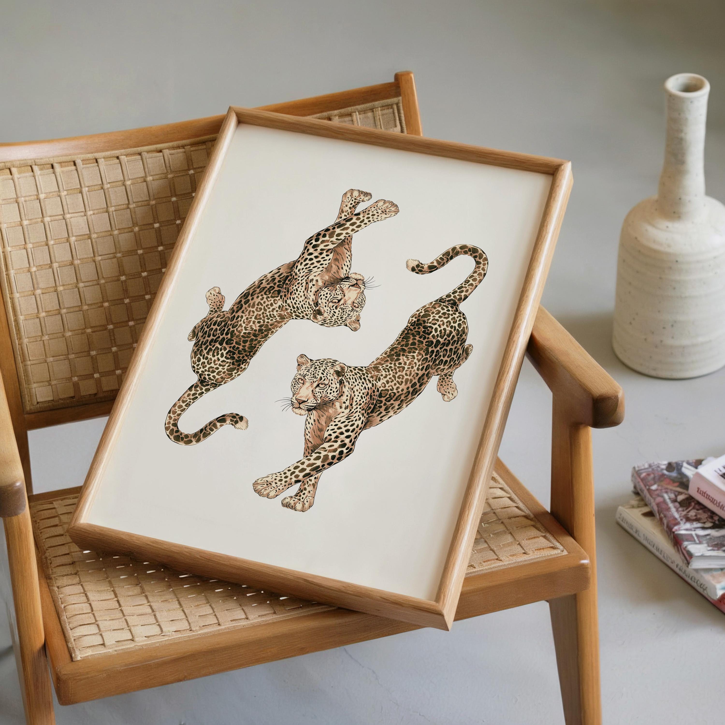 Leopard Wall Art Print, Double Leopard Poster, Vintage Animal Artwork, Neutral Beige Aesthetic Decor, Wild Cat Art, Modern Classic Wall Art