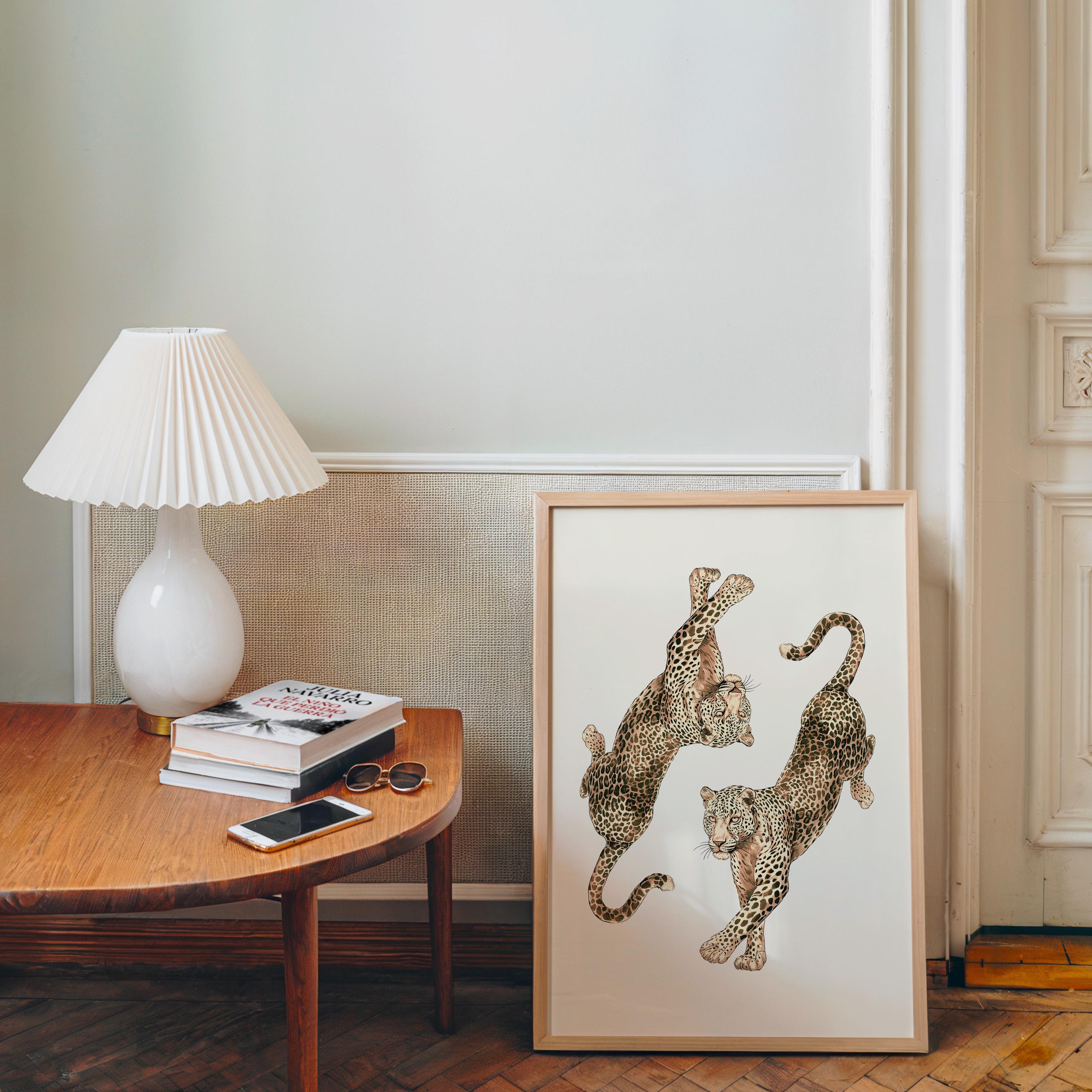 Leopard Wall Art Print, Double Leopard Poster, Vintage Animal Artwork, Neutral Beige Aesthetic Decor, Wild Cat Art, Modern Classic Wall Art