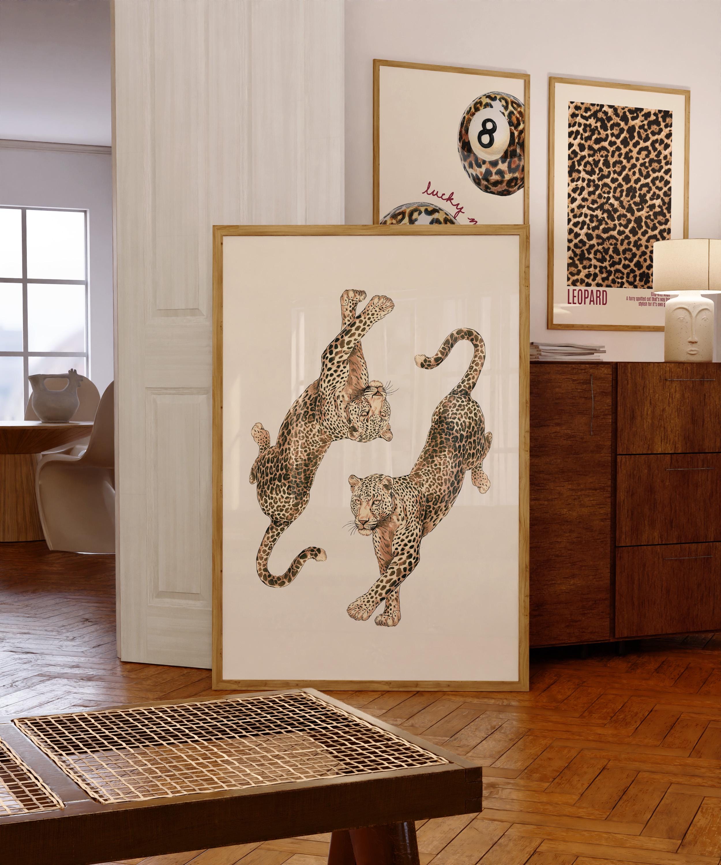Leopard Wall Art Print, Double Leopard Poster, Vintage Animal Artwork, Neutral Beige Aesthetic Decor, Wild Cat Art, Modern Classic Wall Art