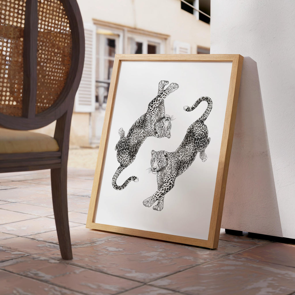 Vintage Leopard Wall Art, Dancing Leopards Illustration Print, Fashion Animal Poster, Chic Neutral Home Decor, Editorial Style Leopard Art
