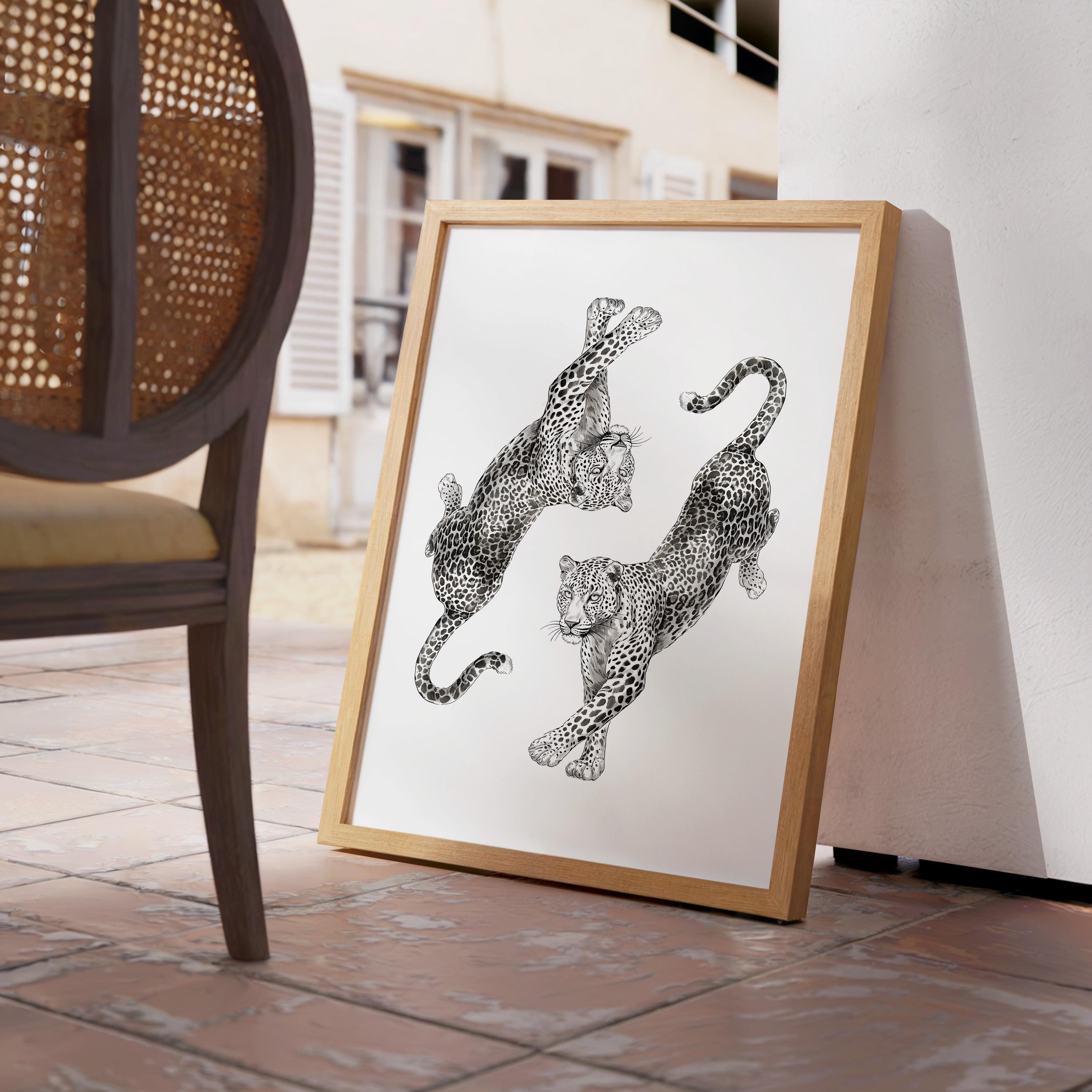 Vintage Leopard Wall Art, Dancing Leopards Illustration Print, Fashion Animal Poster, Chic Neutral Home Decor, Editorial Style Leopard Art