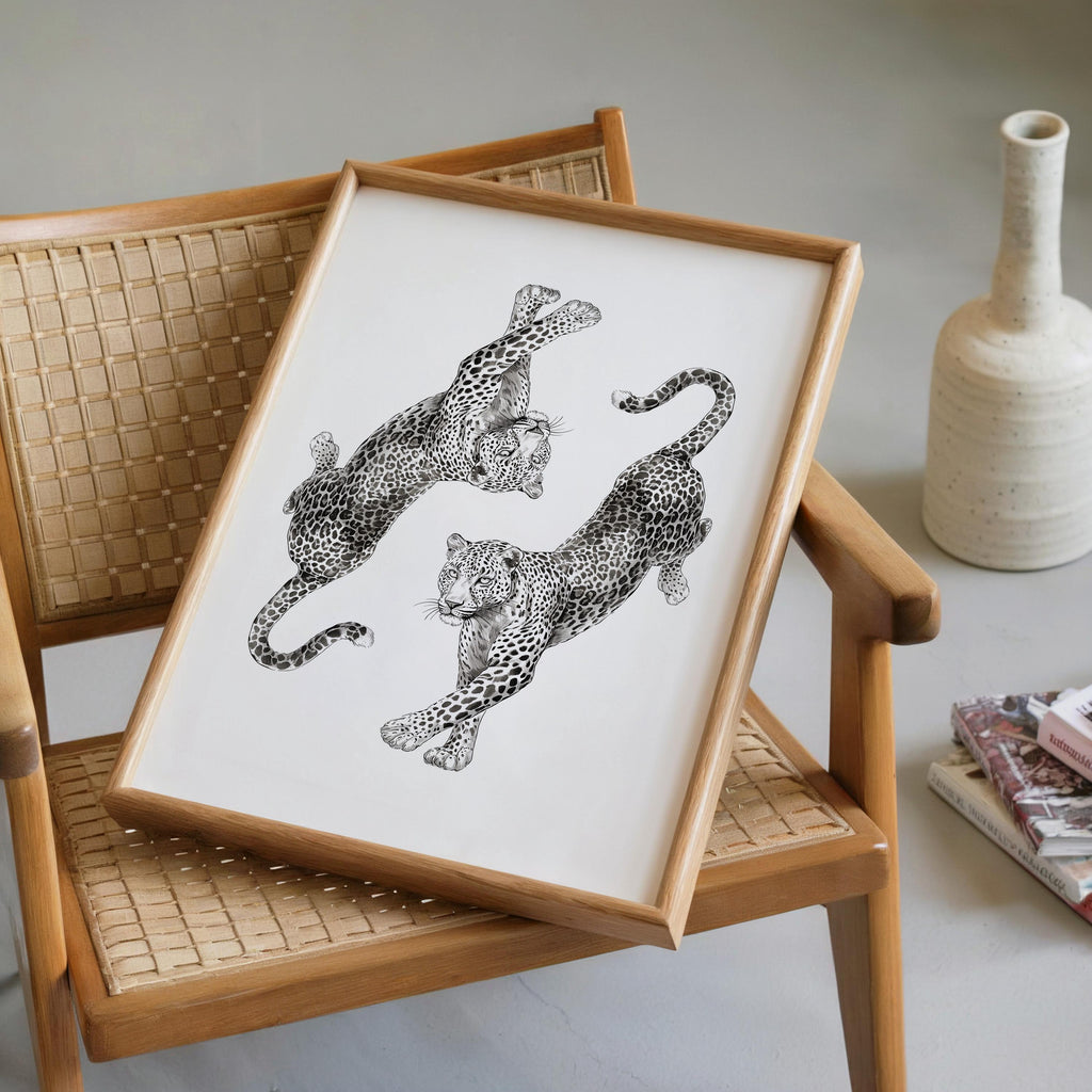 Vintage Leopard Wall Art, Dancing Leopards Illustration Print, Fashion Animal Poster, Chic Neutral Home Decor, Editorial Style Leopard Art