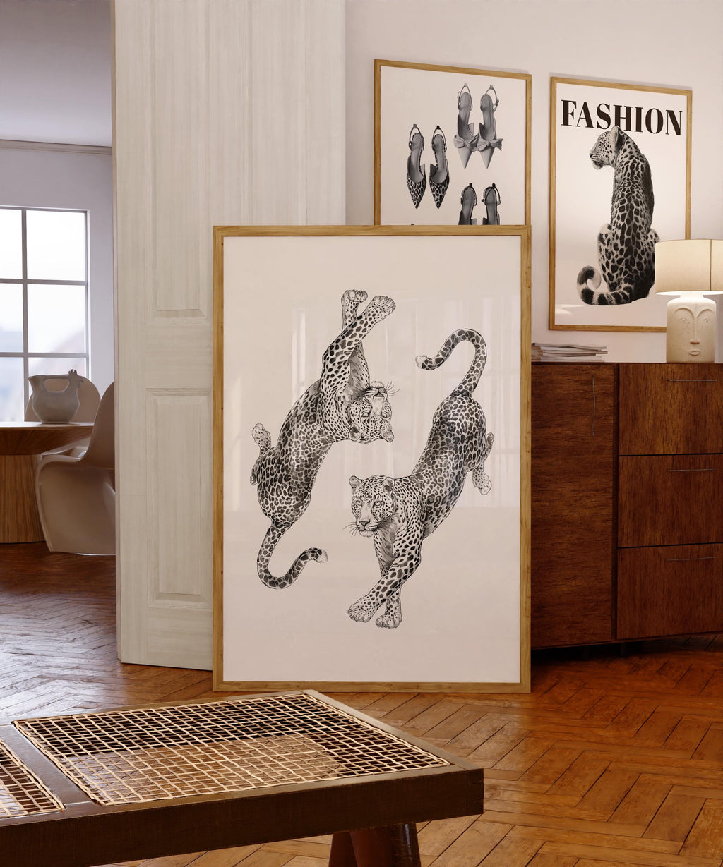 Vintage Leopard Wall Art, Dancing Leopards Illustration Print, Fashion Animal Poster, Chic Neutral Home Decor, Editorial Style Leopard Art