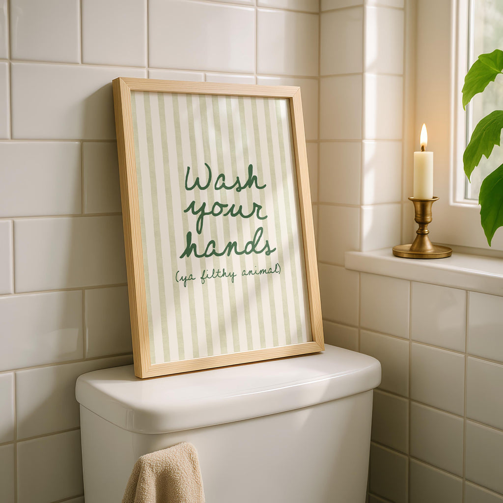 Wash Your Hands Ya Filthy Animal Print, Funny Bathroom Sign, Green Stripe Typography Poster, Humorous Restroom Wall Art, Modern Decor