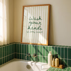 Wash Your Hands Ya Filthy Animal Print, Funny Bathroom Sign, Green Stripe Typography Poster, Humorous Restroom Wall Art, Modern Decor