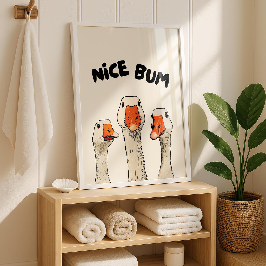 Nice Bum Goose Poster, Funny Bathroom Wall Art, Quirky Animal Print, Humorous Toilet Decor, Playful Restroom Printable for Home