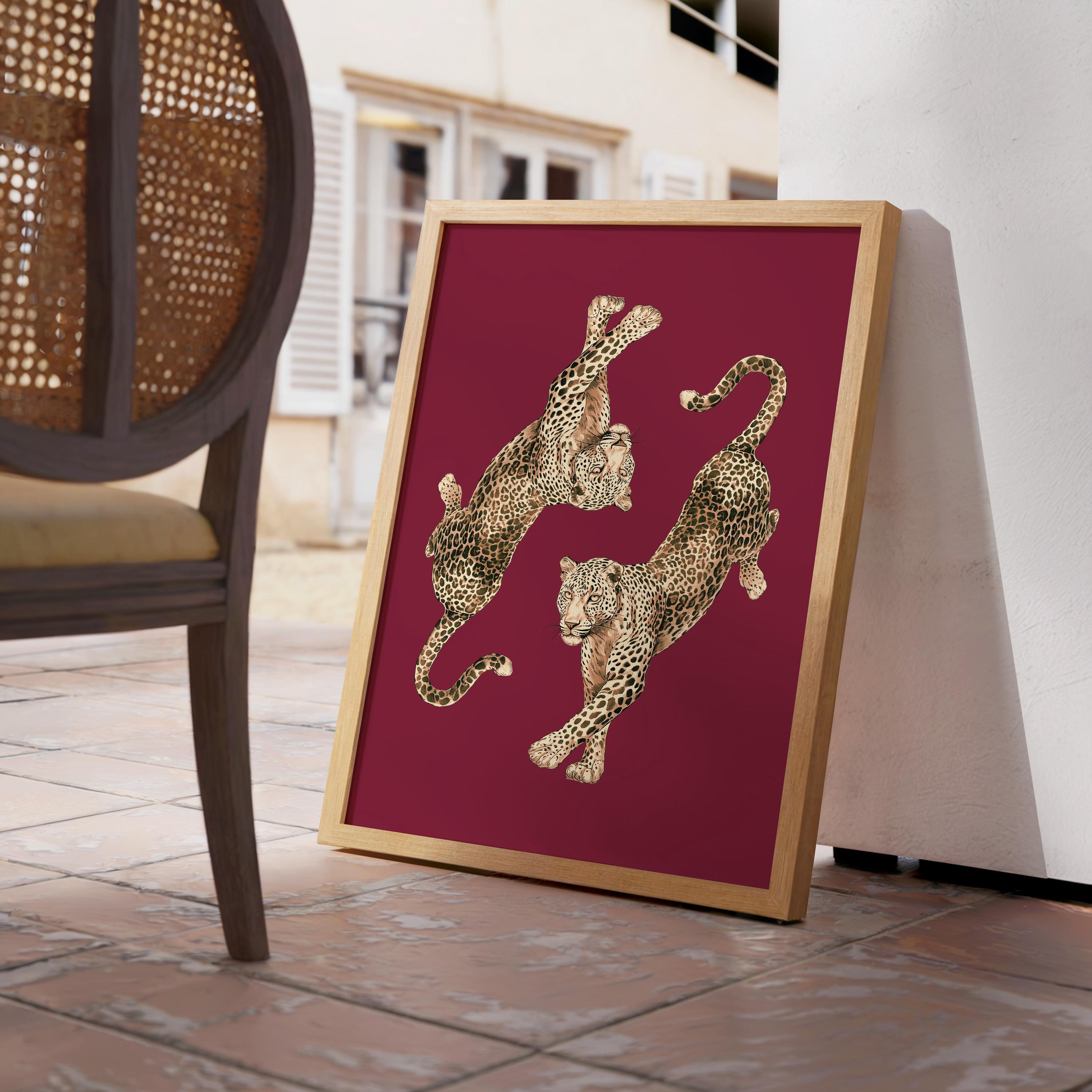 Dancing Leopards Burgundy Wall Art, Leopard Print, Luxury Fashion Animal Poster, Bold Statement Home Decor, Editorial Style Gallery Wall Art