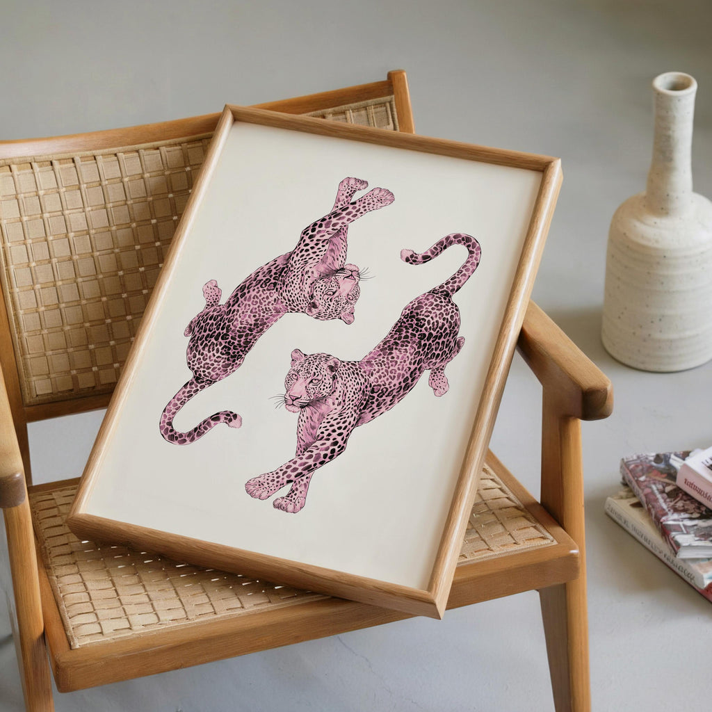 Pink Leopard Wall Art, Dancing Leopards Print, Feminine Luxury Animal Artwork, Chic Fashion Leopard Poster, Modern Girly Home Decor
