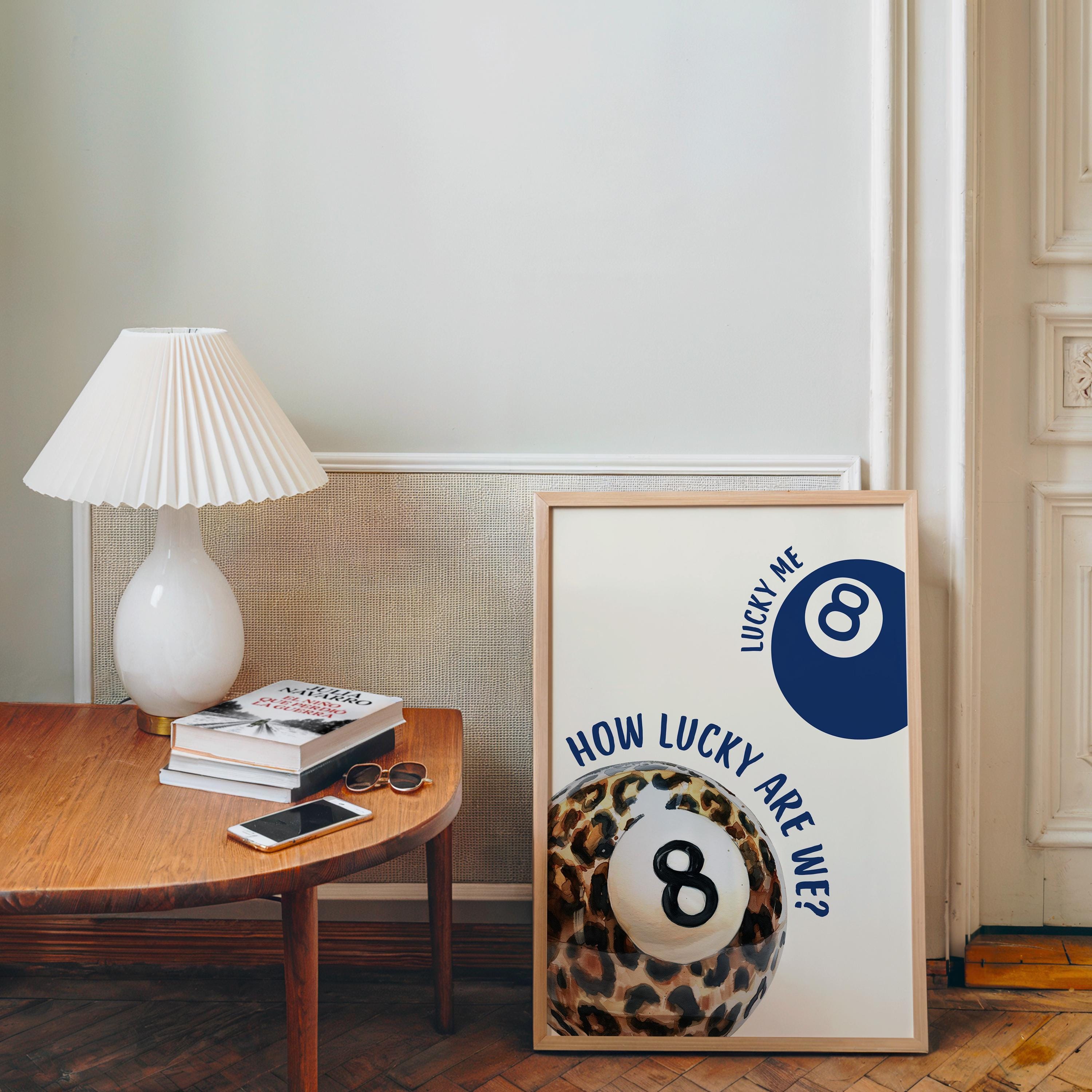 Blue Leopard Wall Art Set, How Lucky Are We Poster, 8 Ball Lucky Me Print, Fashion Animal Art, Modern Chic Gallery Print, Trendy Wall Art