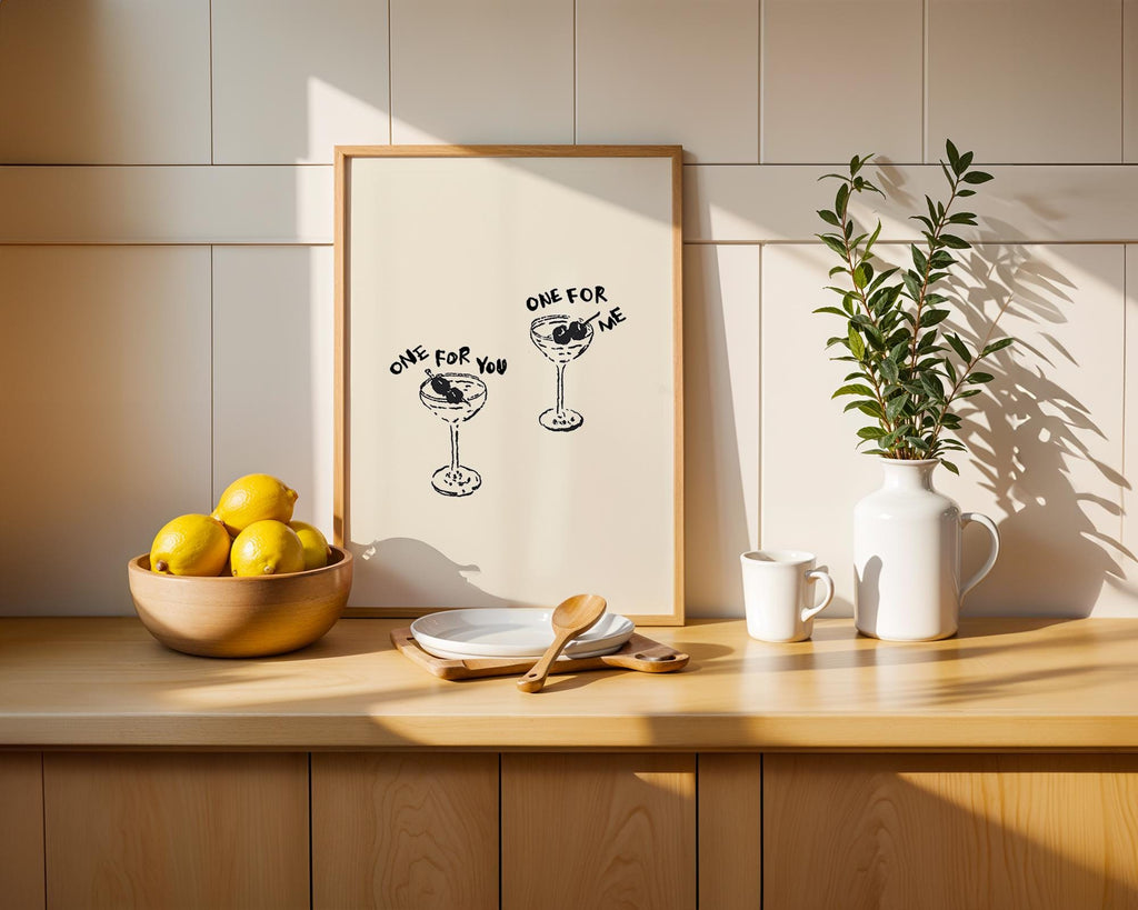 One For You One For Me Printable Art, Martini Cocktail Poster, Bar Cart Kitchen Decor, Couples Wall Art, Minimal Line Illustration Print