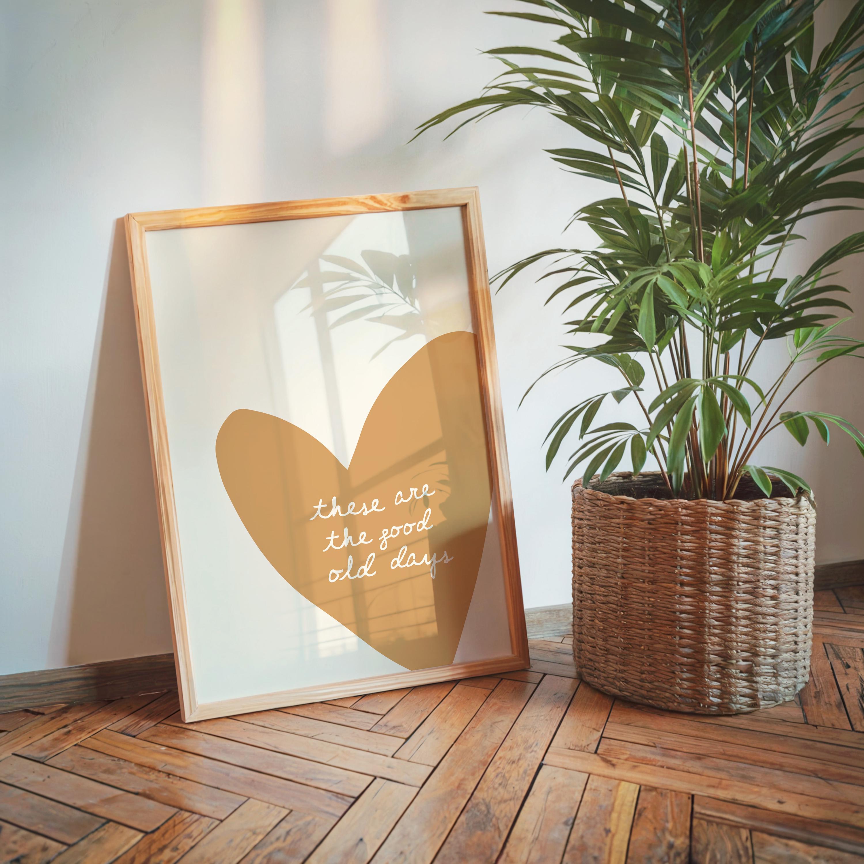 These Are the Good Old Days Print, Minimal Heart Wall Decor, Neutral Typography Poster, Cozy Modern Living Room Bedroom Home Art