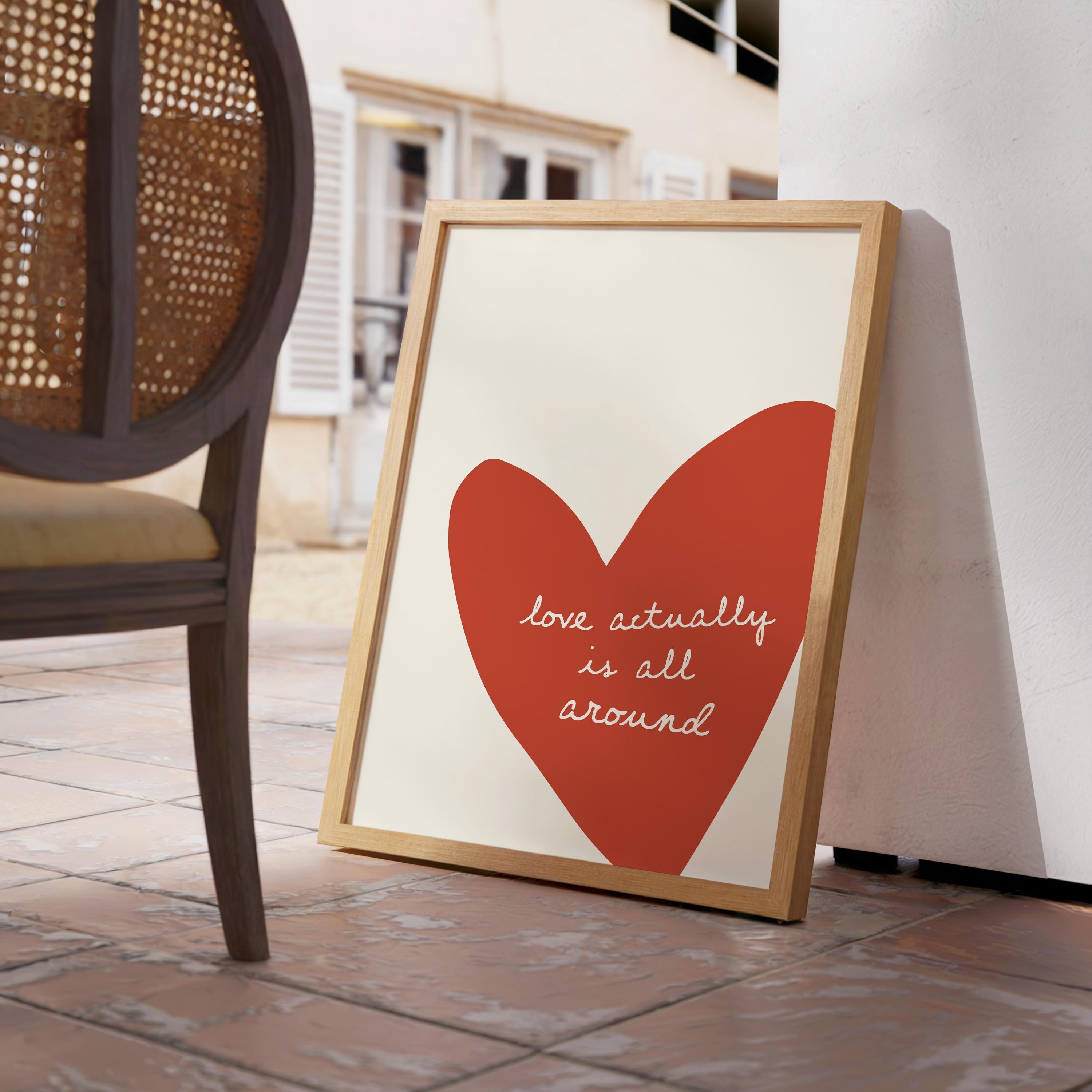 Love Actually Is All Around Print, Minimal Heart Wall Decor, Romantic Typography Poster, Cozy Modern Living Room Bedroom Home Art
