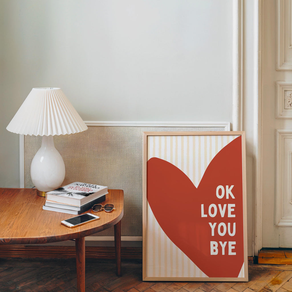 Ok Love You Bye Poster, Retro Typography Wall Art, Minimal Heart Print, Modern Quote Art, Bedroom Living Room Decor