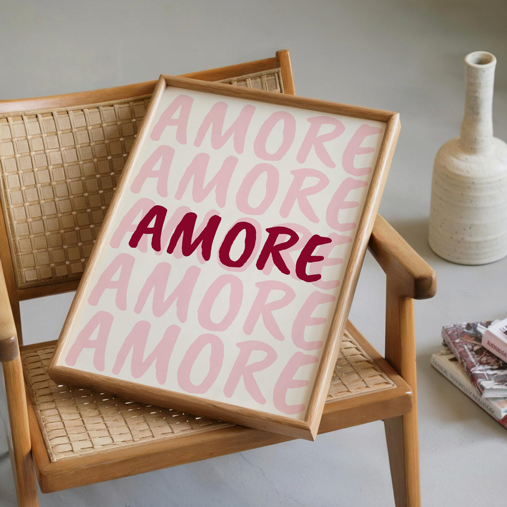 Amore Pink Wall Art Print, Romantic Typography Poster, Valentine’s Decor, Modern Aesthetic Love Quote, Minimal Italian Art Printable
