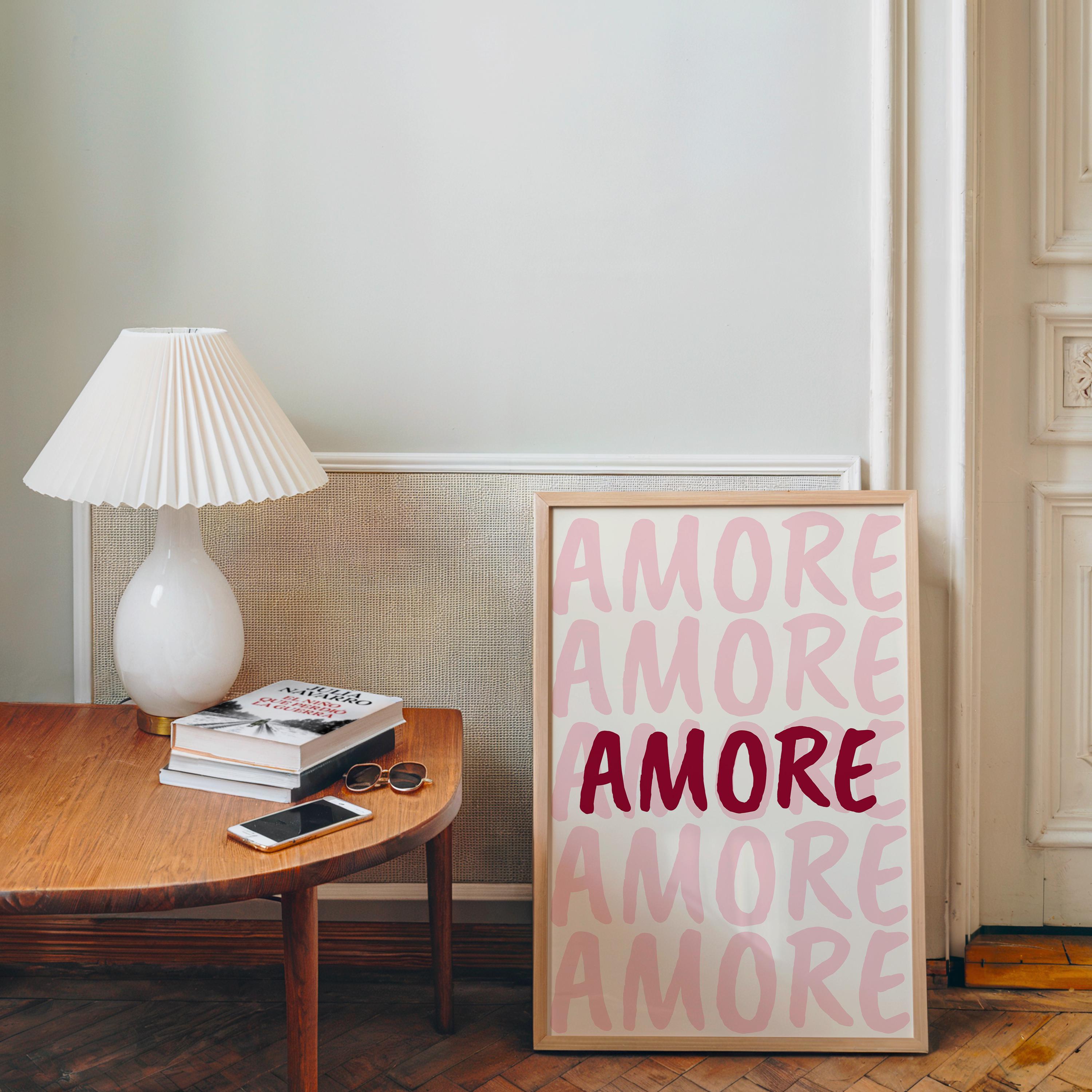 Amore Pink Wall Art Print, Romantic Typography Poster, Valentine’s Decor, Modern Aesthetic Love Quote, Minimal Italian Art Printable