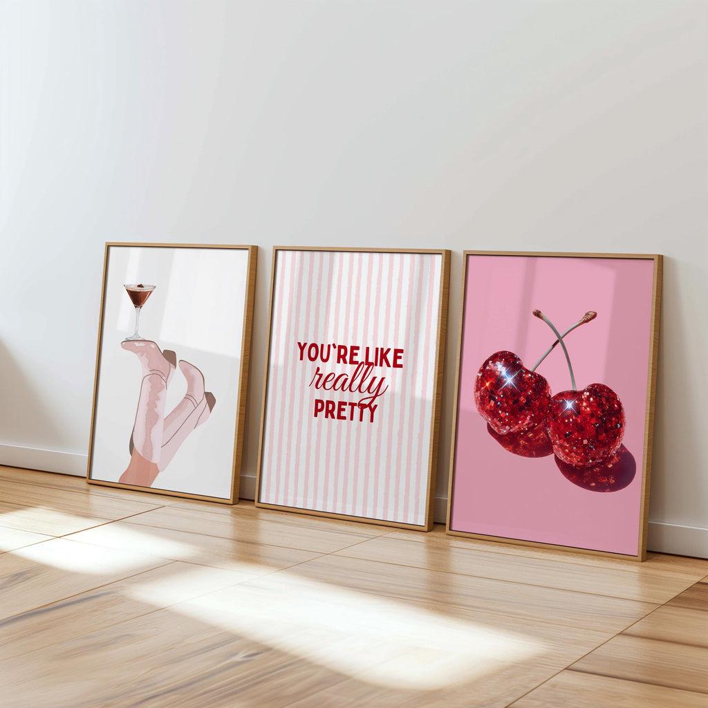 Coquette Pink Wall Art Set of 6, You’re Like Really Pretty Quote Poster, Girly Bedroom Gallery Wall Prints, Aesthetic Fashion Girls Room