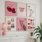 Coquette Pink Wall Art Set of 6, You’re Like Really Pretty Quote Poster, Girly Bedroom Gallery Wall Prints, Aesthetic Fashion Girls Room