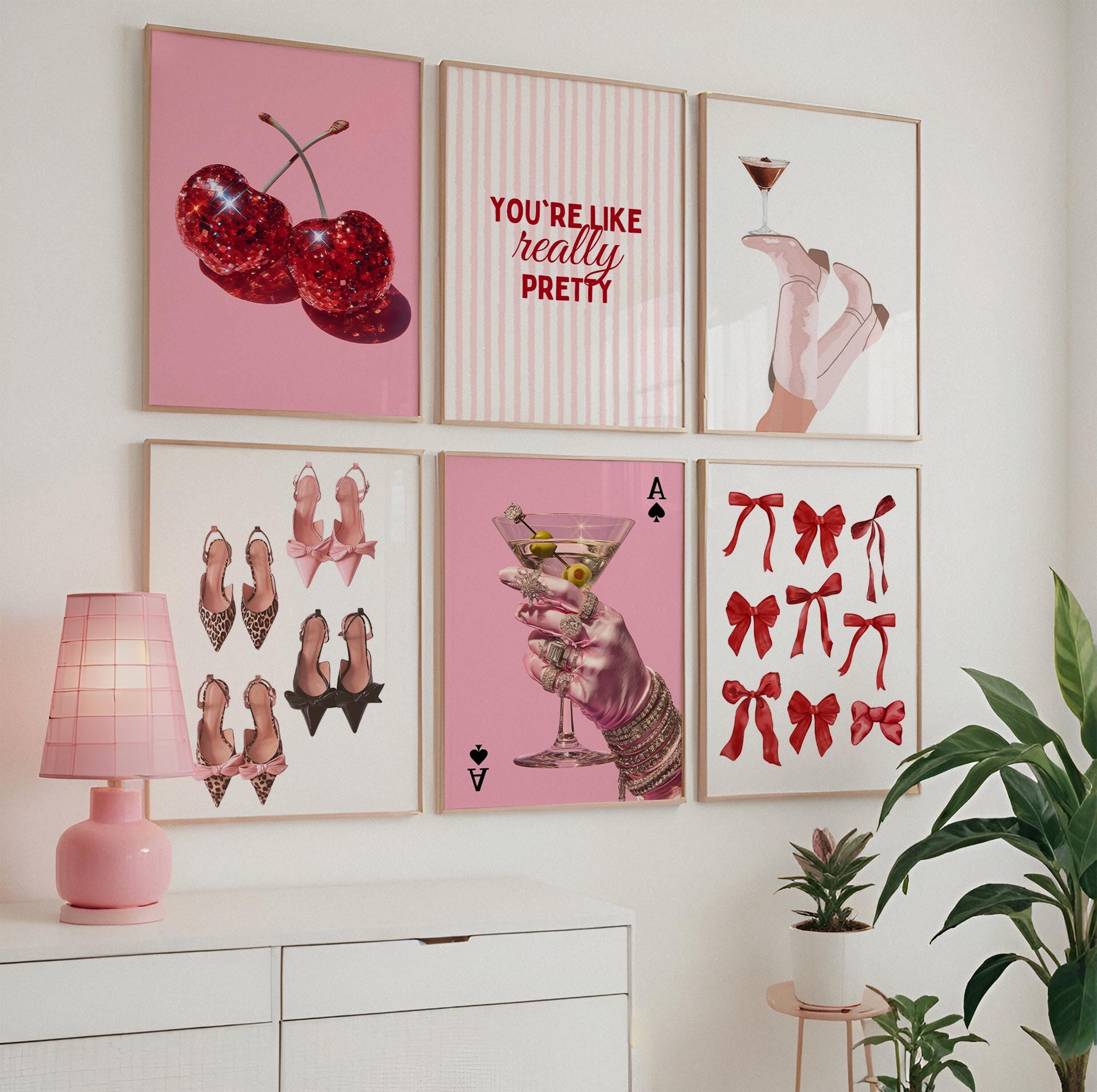 Coquette Pink Wall Art Set of 6, You’re Like Really Pretty Quote Poster, Girly Bedroom Gallery Wall Prints, Aesthetic Fashion Girls Room