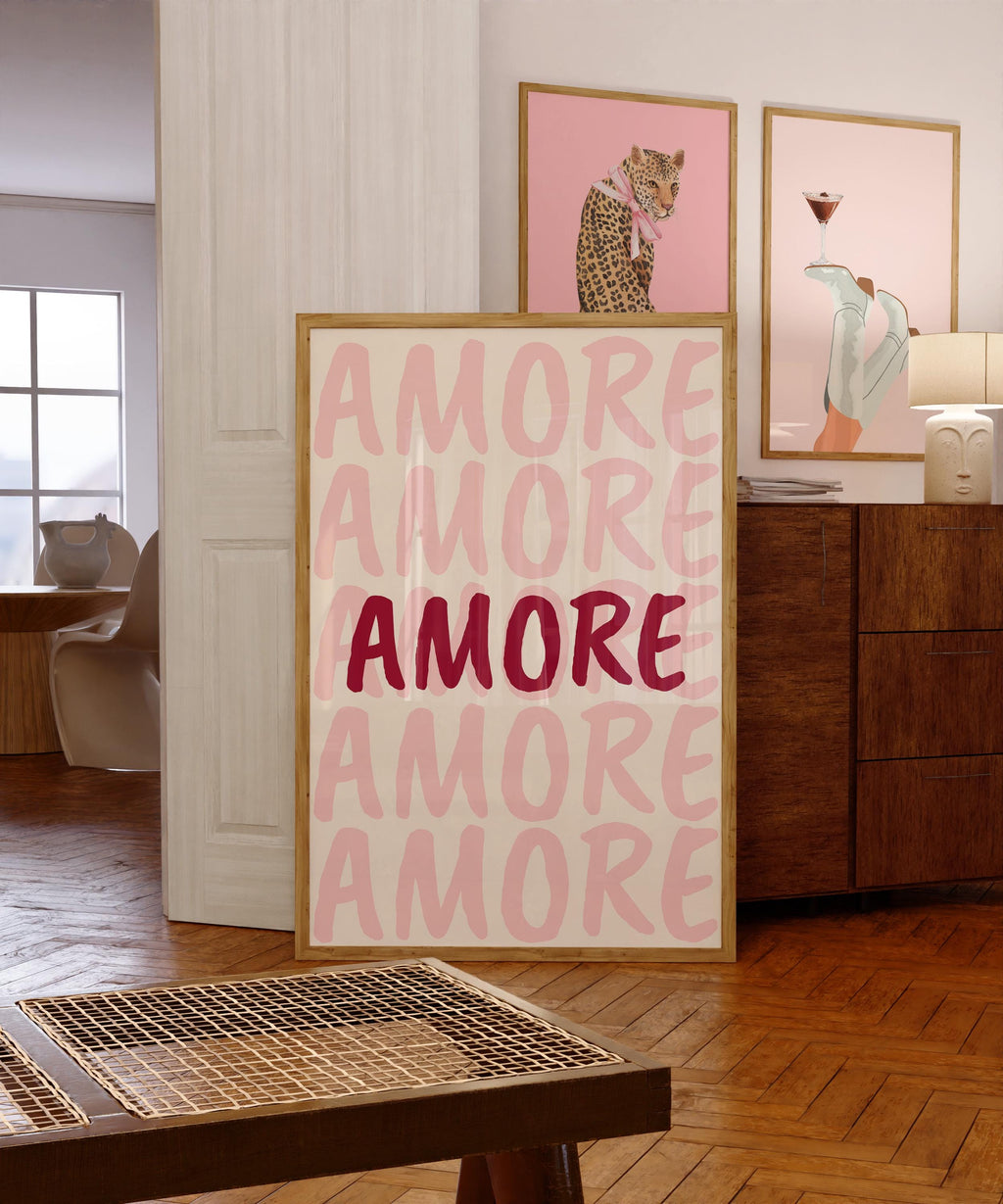 Amore Pink Wall Art Print, Romantic Typography Poster, Valentine’s Decor, Modern Aesthetic Love Quote, Minimal Italian Art Printable
