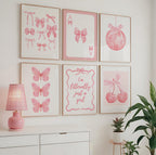 Trendy Pink Bows Wall Art Set of 6, Preppy poster College Apartment Decor, Watercolor Bows Print, Coquette Room Decor Girly Wall Art DIGITAL