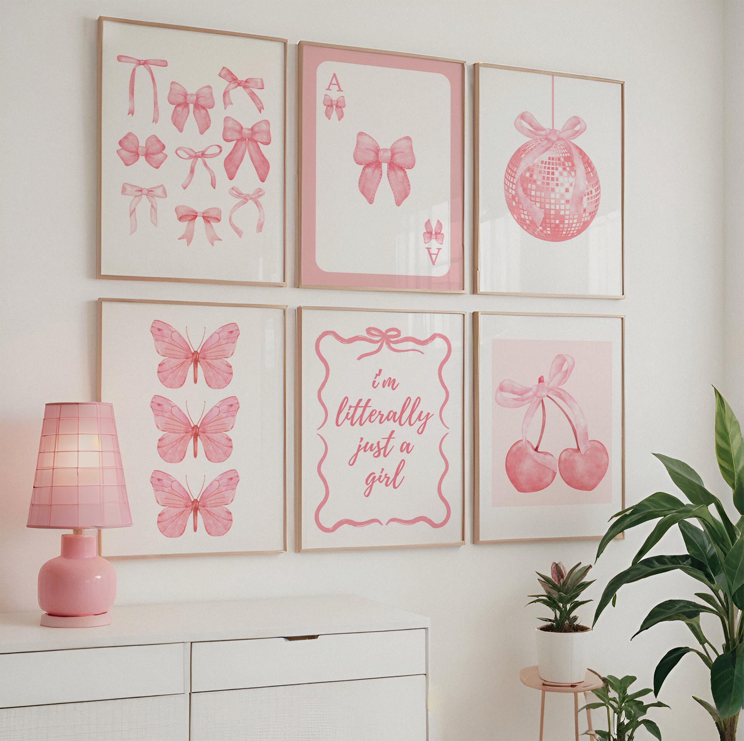 Trendy Pink Bows Wall Art Set of 6, Preppy poster College Apartment Decor, Watercolor Bows Print, Coquette Room Decor Girly Wall Art DIGITAL
