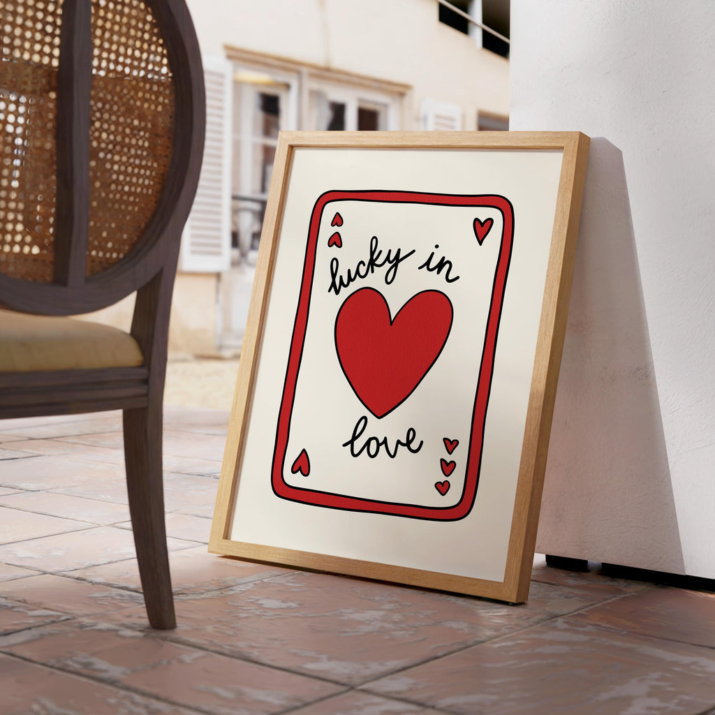Lucky in Love Wall Art, Playing Card Heart Print, Valentine’s Day Poster, Cute Romantic Typography, Red Minimal Digital Download