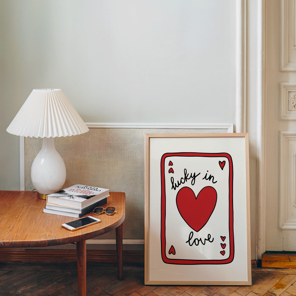 Lucky in Love Wall Art, Playing Card Heart Print, Valentine’s Day Poster, Cute Romantic Typography, Red Minimal Digital Download