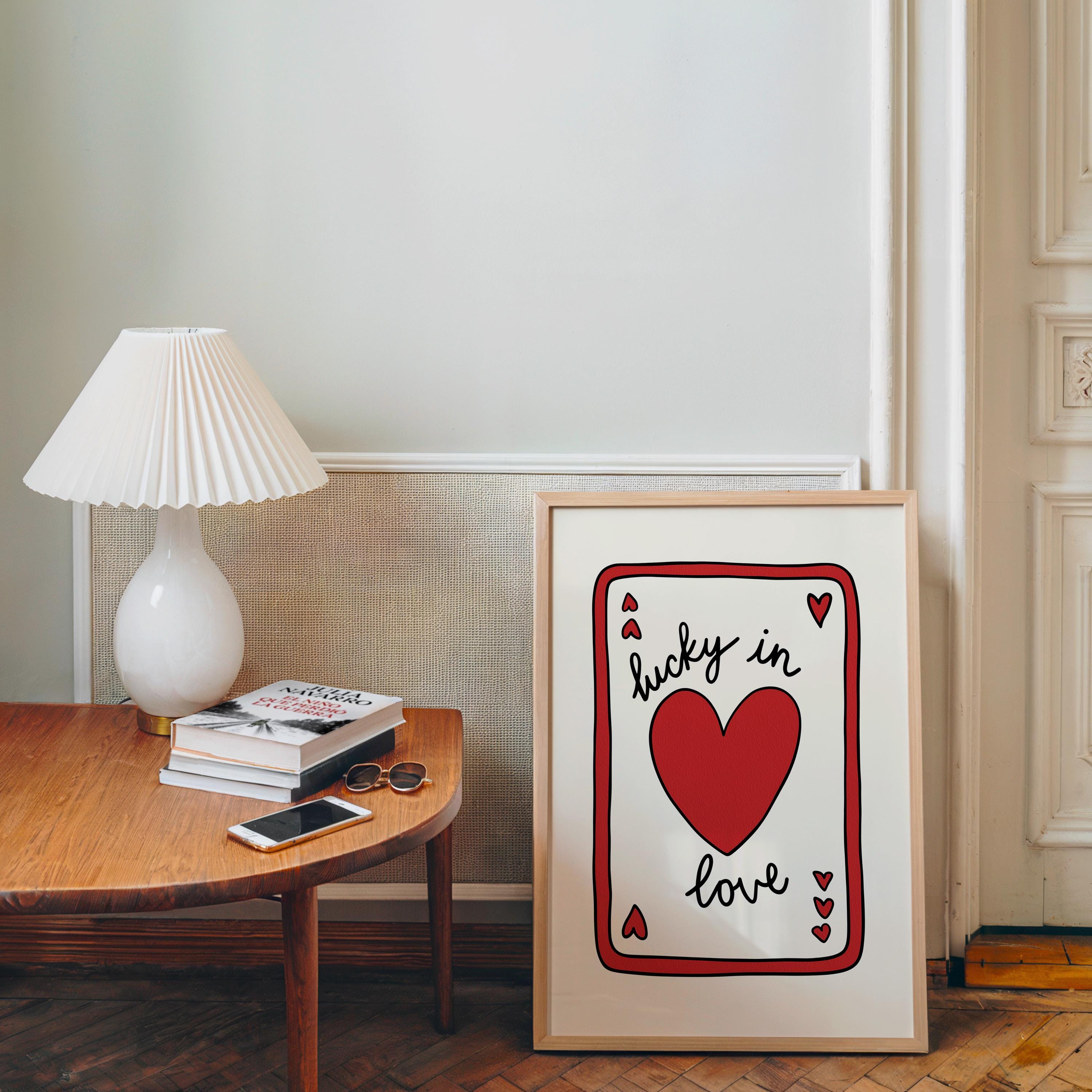 Lucky in Love Wall Art, Playing Card Heart Print, Valentine’s Day Poster, Cute Romantic Typography, Red Minimal Digital Download