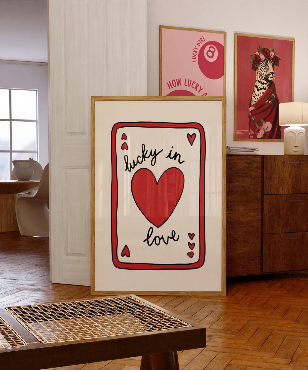 Lucky in Love Wall Art, Playing Card Heart Print, Valentine’s Day Poster, Cute Romantic Typography, Red Minimal Digital Download