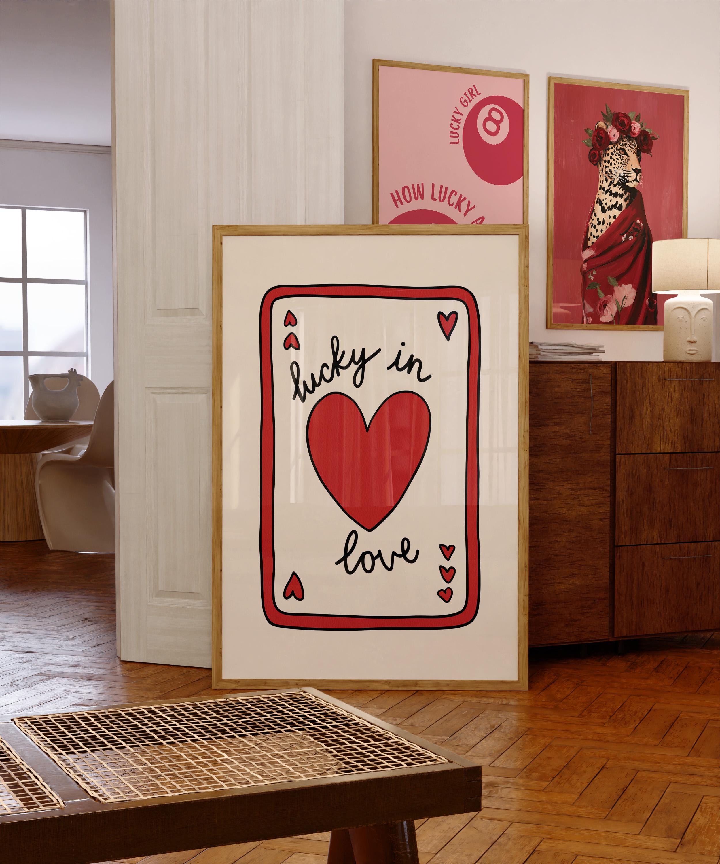 Lucky in Love Wall Art, Playing Card Heart Print, Valentine’s Day Poster, Cute Romantic Typography, Red Minimal Digital Download