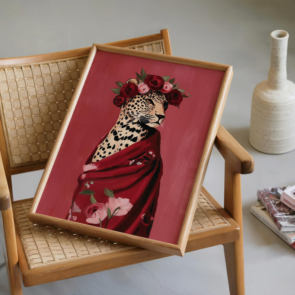 Leopard Wall Art Print, Fashion Animal Portrait, Red Floral Crown Poster, Bold Modern Decor, Aesthetic Wildlife Art Printable