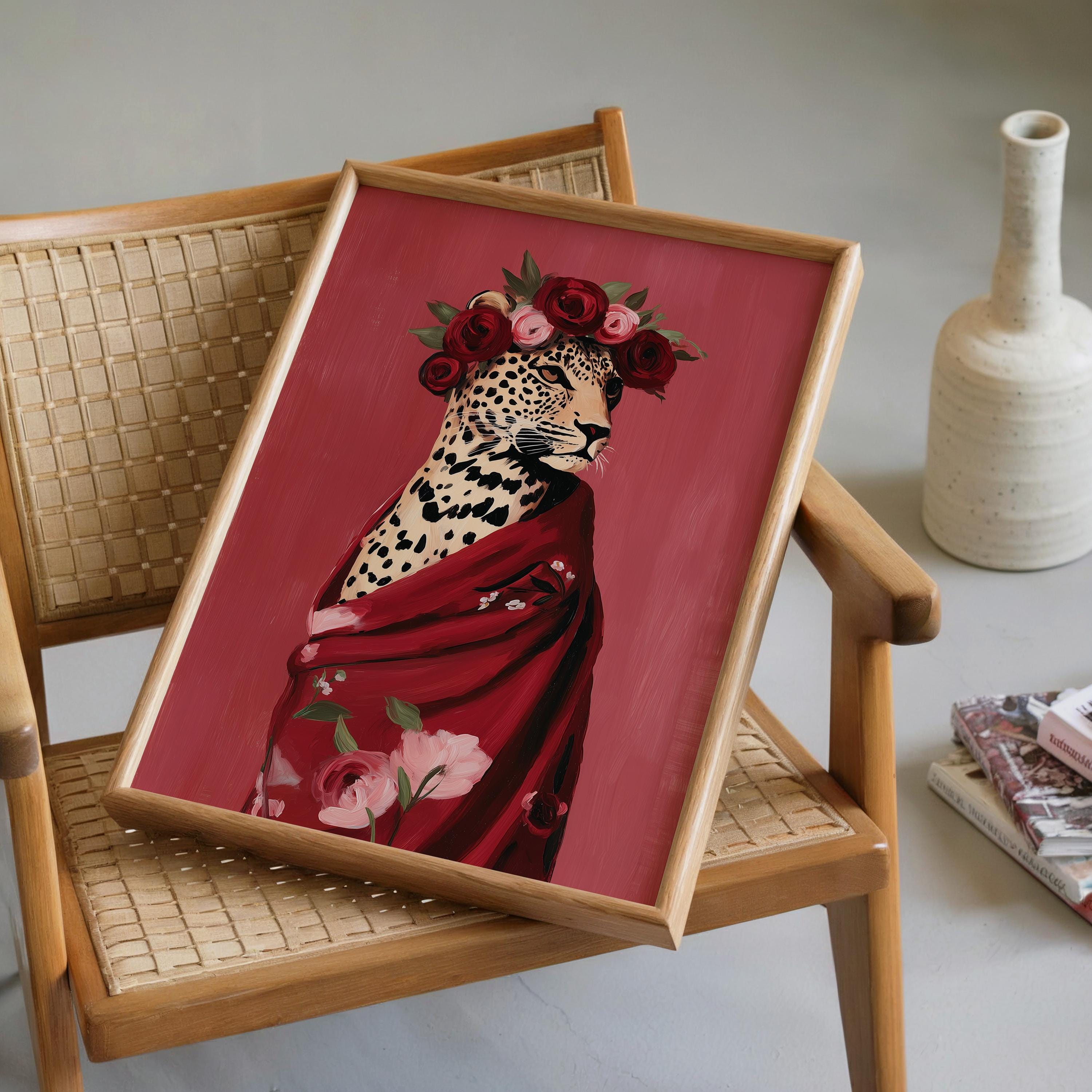 Leopard Wall Art Print, Fashion Animal Portrait, Red Floral Crown Poster, Bold Modern Decor, Aesthetic Wildlife Art Printable