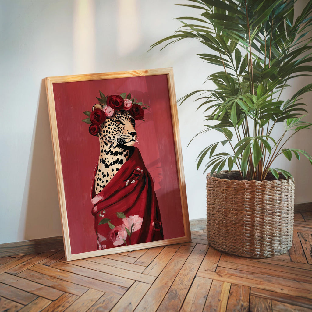 Leopard Wall Art Print, Fashion Animal Portrait, Red Floral Crown Poster, Bold Modern Decor, Aesthetic Wildlife Art Printable