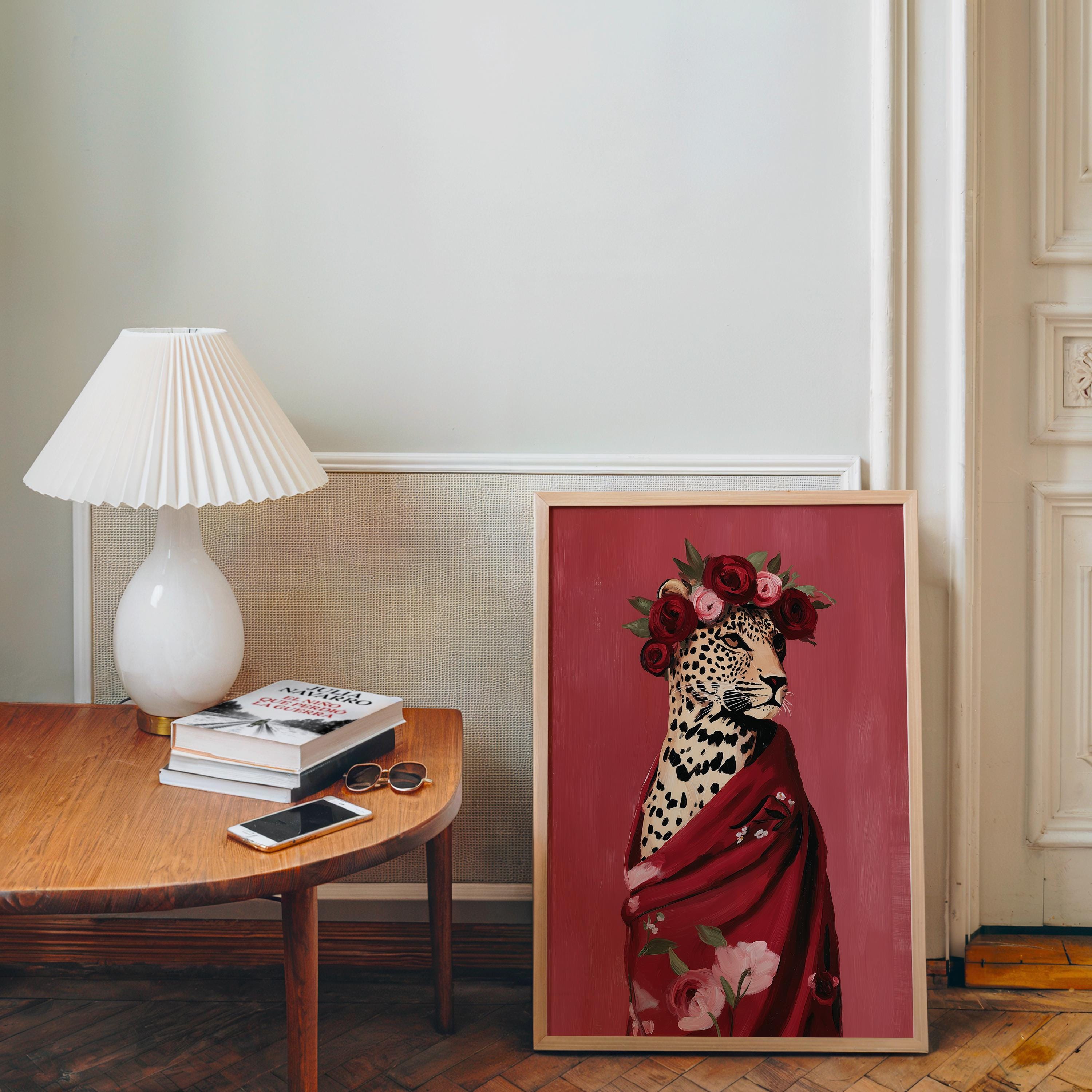 Leopard Wall Art Print, Fashion Animal Portrait, Red Floral Crown Poster, Bold Modern Decor, Aesthetic Wildlife Art Printable