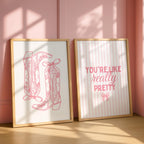 Pink Coquette Wall Art Set of 3, You’re Like Really Pretty Quote Print, Soft Girl Aesthetic Bedroom Dorm Room Decor, Bow Fashion Poster Set