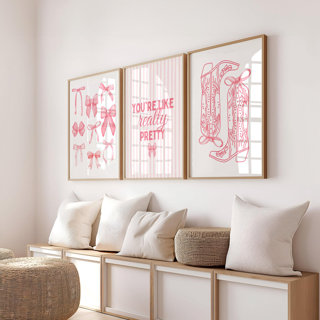 Pink Coquette Wall Art Set of 3, You’re Like Really Pretty Quote Print, Soft Girl Aesthetic Bedroom Dorm Room Decor, Bow Fashion Poster Set