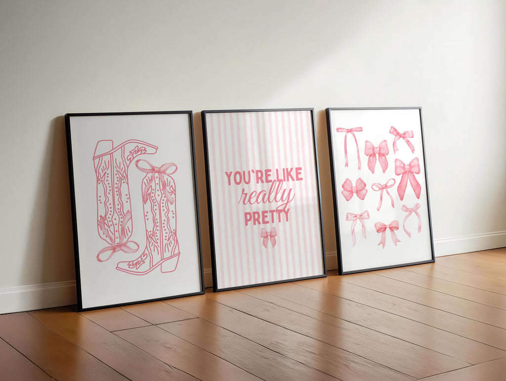 Pink Coquette Wall Art Set of 3, You’re Like Really Pretty Quote Print, Soft Girl Aesthetic Bedroom Dorm Room Decor, Bow Fashion Poster Set