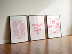 Pink Coquette Wall Art Set of 3, You’re Like Really Pretty Quote Print, Soft Girl Aesthetic Bedroom Dorm Room Decor, Bow Fashion Poster Set