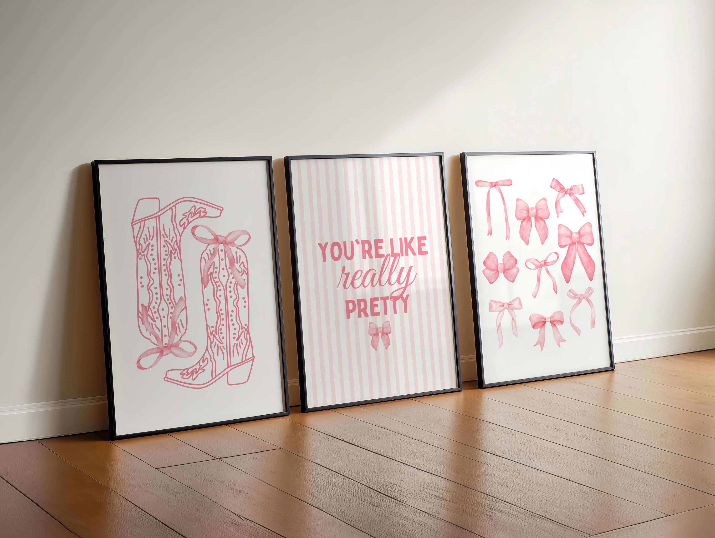 Pink Coquette Wall Art Set of 3, You’re Like Really Pretty Quote Print, Soft Girl Aesthetic Bedroom Dorm Room Decor, Bow Fashion Poster Set