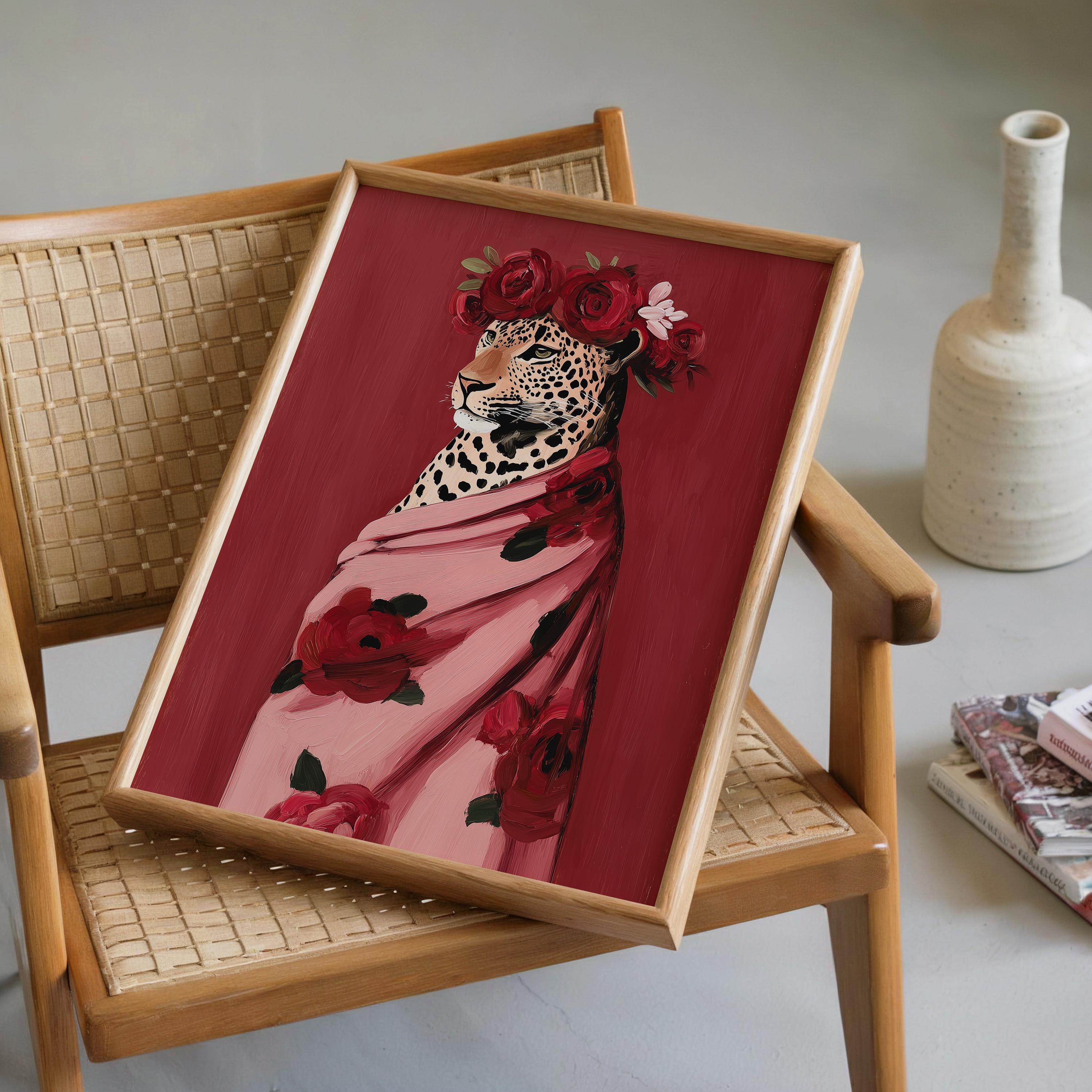Leopard Fashion Art Print, Pink Floral Wrap Portrait, Red Rose Crown Poster, Chic Wildlife Decor, Bold Modern Animal Printable