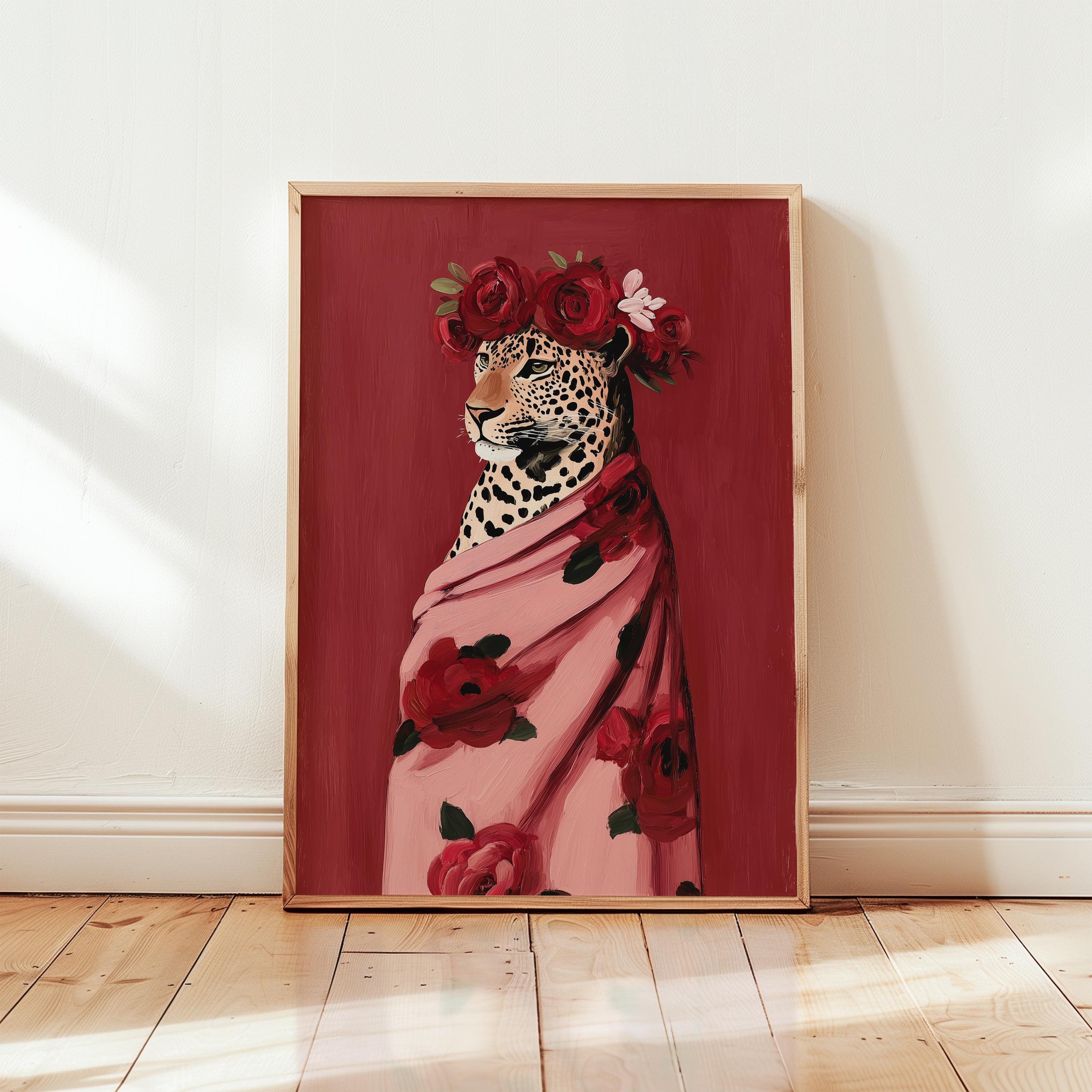 Leopard Fashion Art Print, Pink Floral Wrap Portrait, Red Rose Crown Poster, Chic Wildlife Decor, Bold Modern Animal Printable