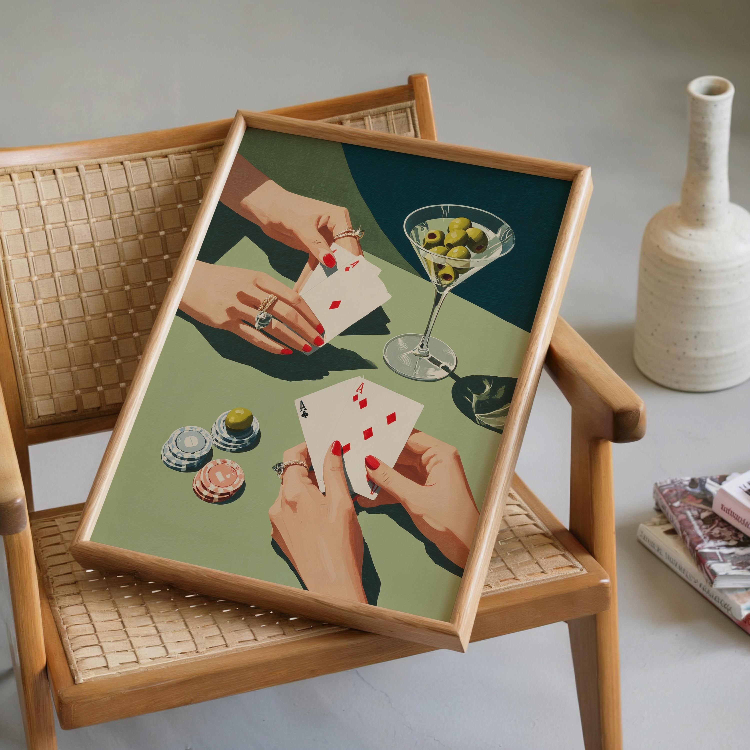 Playing Cards & Martini Bar Art Print, Retro Cocktail Wall Decor, Mid Century Modern Bar Cart Printable, Glam Home Artwork, DIGITAL