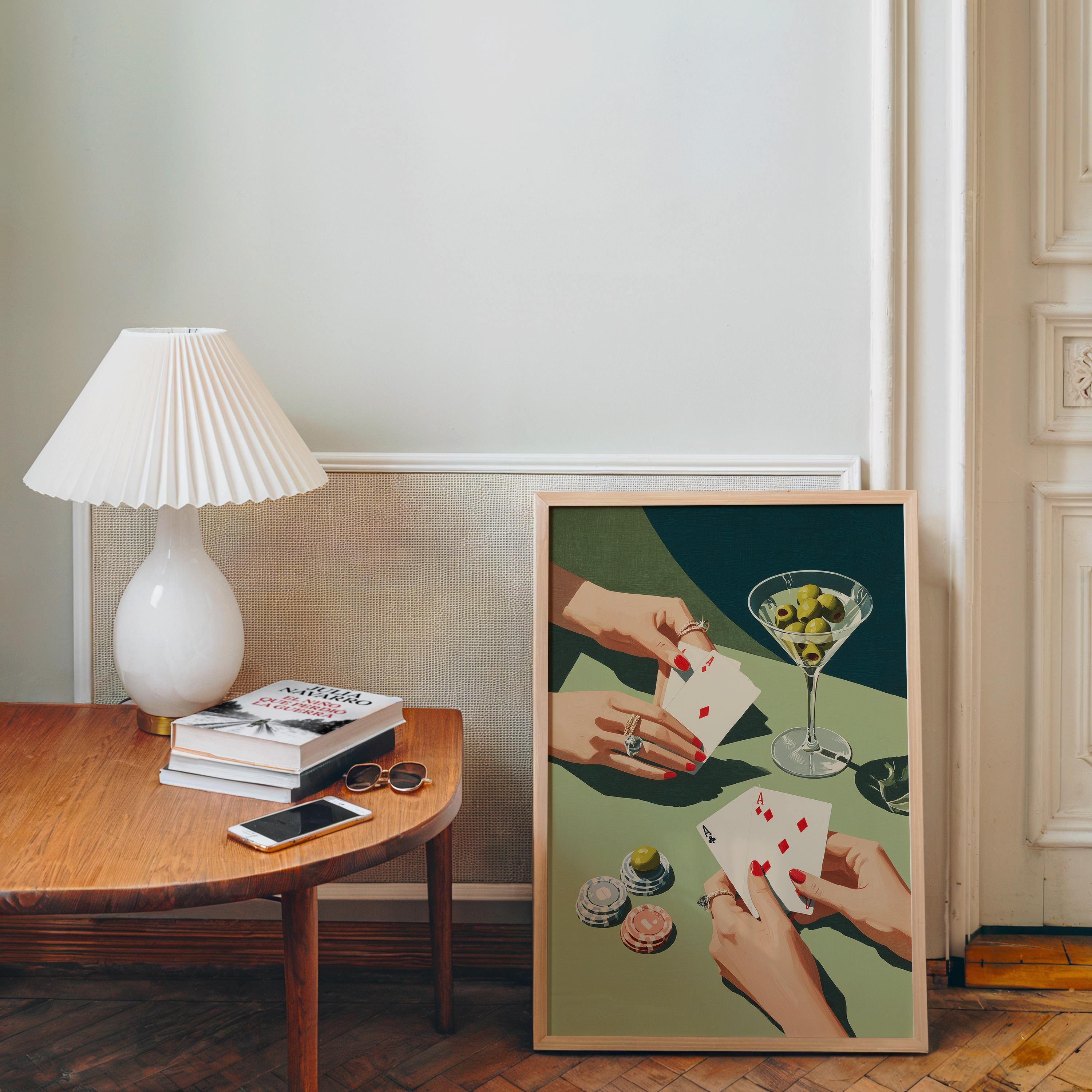 Playing Cards & Martini Bar Art Print, Retro Cocktail Wall Decor, Mid Century Modern Bar Cart Printable, Glam Home Artwork, DIGITAL
