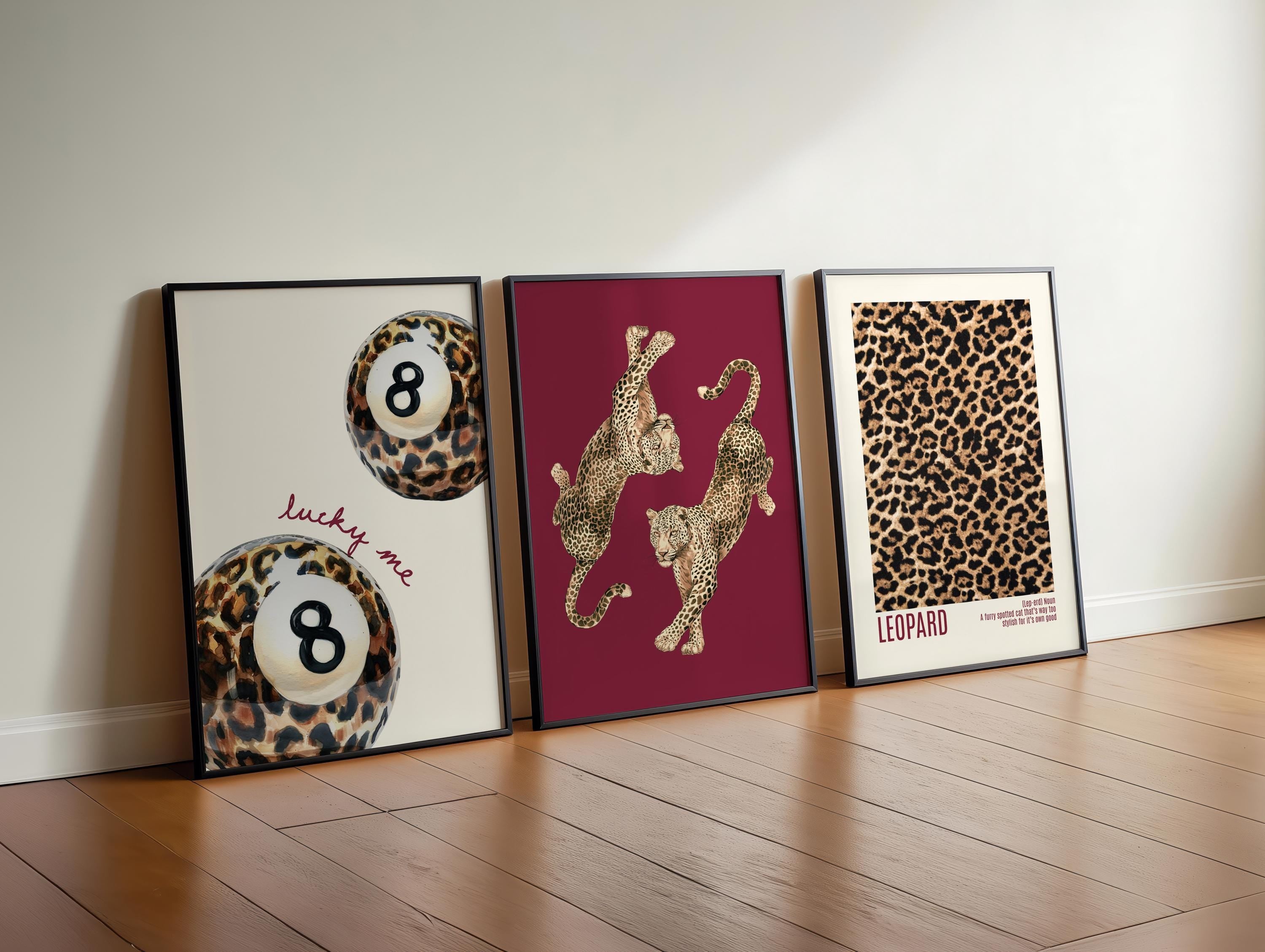 Leopard Gallery Wall Set of 3, Fashion Animal Wall Art, Lucky 8 Ball Print, Bold Chic Decor, Preppy Aesthetic Printable Art