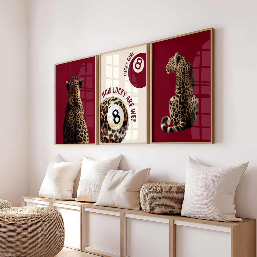 Leopard Gallery Wall Set of 3, Lucky Girl 8 Ball Art, Bold Red Fashion Decor, Preppy Chic Animal Prints, Trendy Printable Art