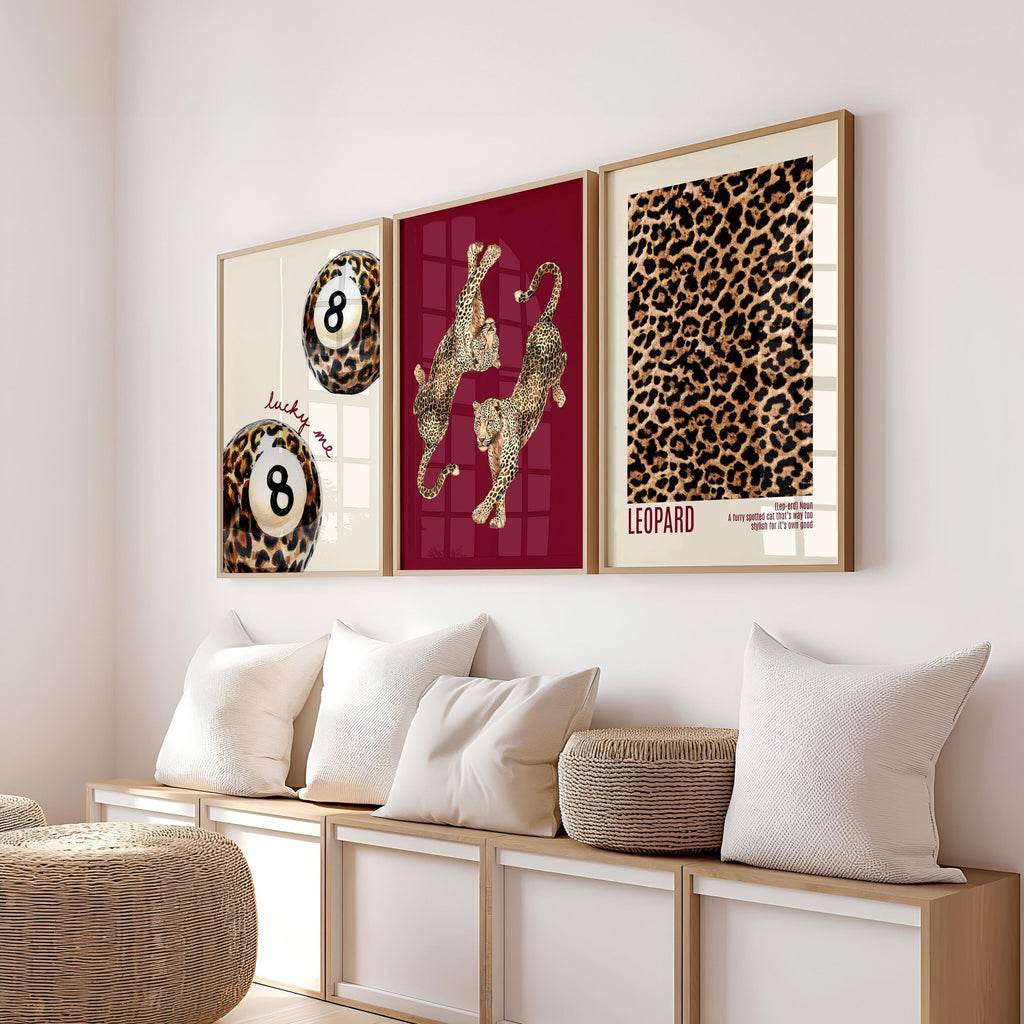 Leopard Gallery Wall Set of 3, Fashion Animal Wall Art, Lucky 8 Ball Print, Bold Chic Decor, Preppy Aesthetic Printable Art